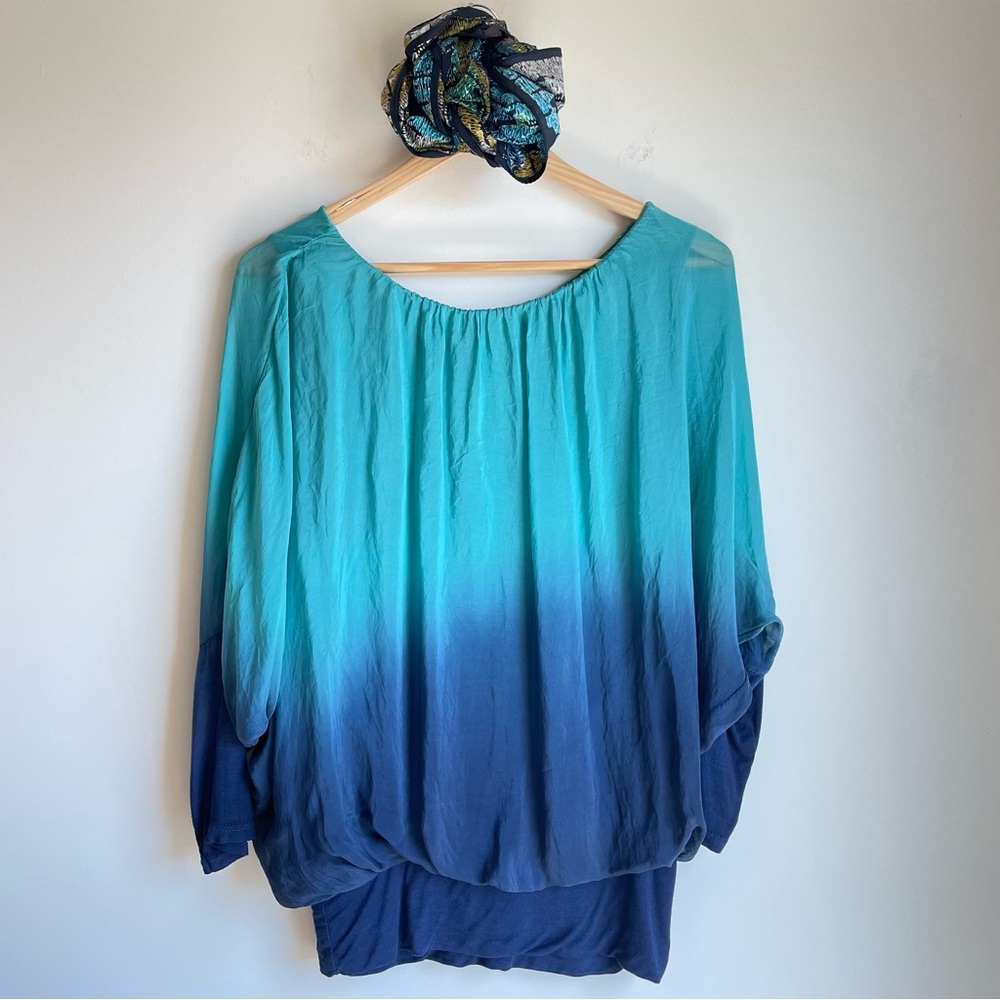Womens Turquoise Navy Silk Blouse Top - Picture 11 of 16